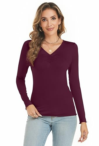 Famrrifuu Maglia Manica Lunga Donna Scollo a V Maglietta Elegante Basic Top Leggero Autunno Inverno Casual T-Shirt