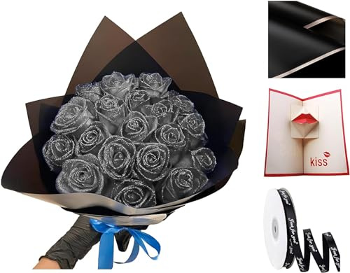 Eeiiey Glitzer-Rosenstrauß – (Selbstmontage), künstlicher Rosenstrauß, ewig, glänzend, Kunstrosen, Blumenstrauß, Liebesgeschenke für Valentinstag, Jahrestag, Verlobung (Silber, 24 Rosen)