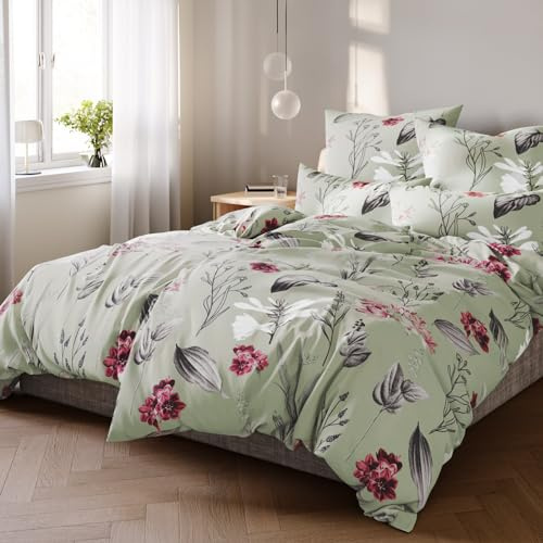 Pure Label Blumen Bettwäsche Set 4tlg 155x220 80x80 grün aus Baumwolle | Waschbar bei 60∘C - Atmungsaktiv für Sommer & Winter - pflegeleicht
