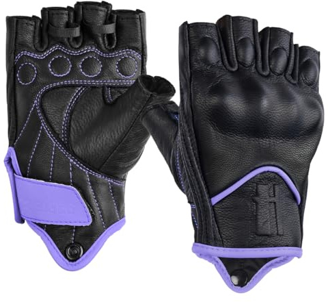 Harssidanzar Damen Fingerlose Motorradhandschuhe,Harter Knuckle Schutz Reiten Motorradfahrer Racing Motorradhandschuh KL022EU,Schwarz-Helllila,Größe S
