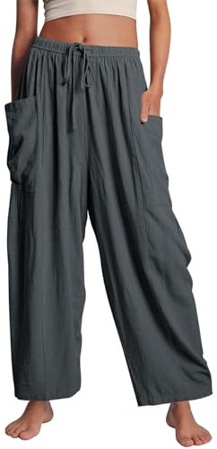 Flygo Women's Wide Leg Pants High Waisted Palazzo Trousers Summer Beach Casual Loose Drawstring Harem Pants with Pockets(Darkgrey L)