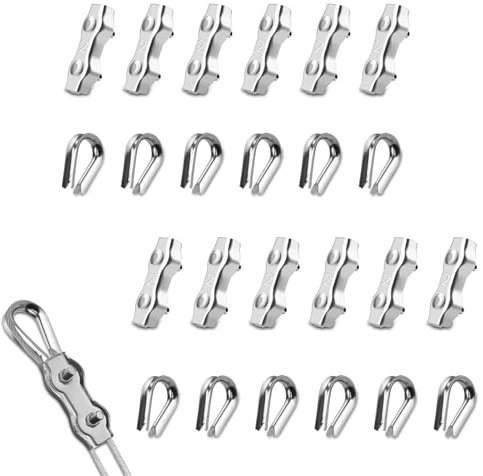 24PCS Wire Rope Clamp M2, 12PCS Stainless Steel Duplex Clamp with 12PCS Wire Rope Thimble 2mm Rope Connector Cable Clamps Rope Grips for Clothesline Tensioner Awning Fixed