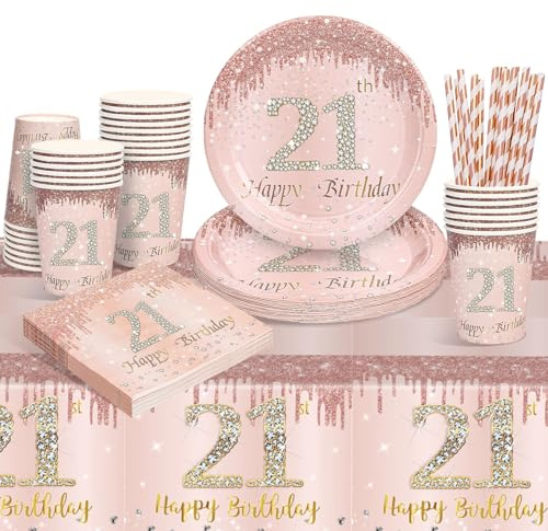 YEJIKJ Vaisselle de Fête Assiette Or Rose pour Anniversaire 21 Ans, Party Set pour 16 Invités, Décoration Fille