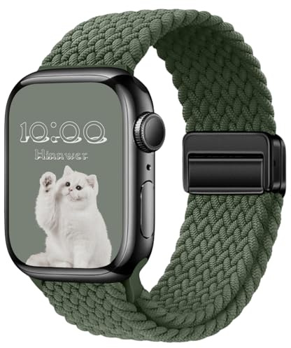 Hinnwer Bracelets Tressé pour Apple Watch Bracelet 45mm 46mm 44mm 42mm 49mm | Élastique Nylon Band avec Fermoir Magnétique pour iWatch Ultra 3 2 1 SE 3 2 1 Series 11 10 9 8 7 6 5 4 3 2 1 Vert Olive