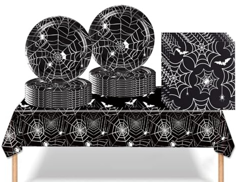 Zempertoopa Halloween Partygeschirr Set, Pappgeschirr Pappteller Becher Servietten, Halloween Deko Tisch Geburtstag Set für Kinder Mädchen Jungen (Schwarz B)