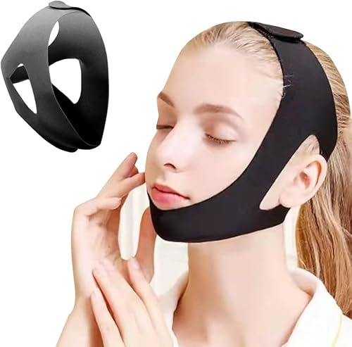 FFWTPY Anti Schnarch Kinnriemen Flexibles Atmungsaktives Reduktion Snore Relief Kinnriemen Verbessern Sie Ihren Schlaf Verstellbares Gesicht für Männer und Frauen (Schwarz)