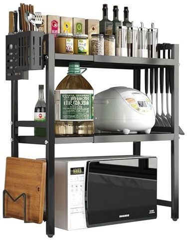 Expandable Microwave Shelf - 3 Tier Oven Stand Countertop with 6 Hook, Microwave Stand Kitchen Organiser Storage, Height Width Adjustable Pantry Rack, Single Layer Counter Shelf Cutting Board (Black）