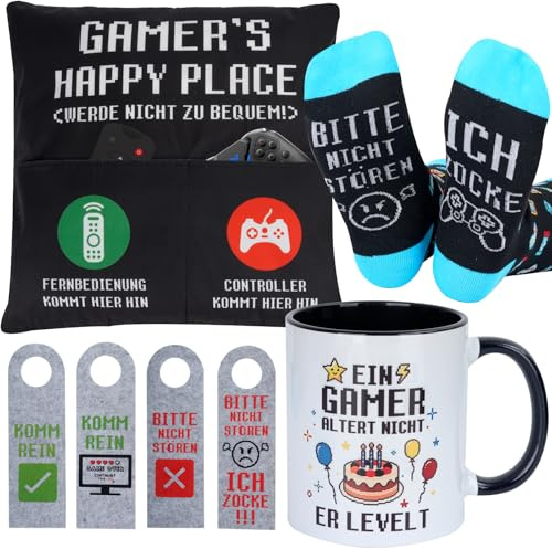 Gaming-Geschenke für Männer, Jungs und Teenager, Gaming-Zubehör fürs Zimmer, Gaming-Sachen mit lustigen Gaming-Socken, Kissenbezug, Gaming-Tasse, 2er Pack Filz-Türanhänger, Gamer-Zimmer-Deko