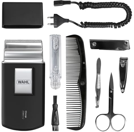 WAHL Travel Shaver Kit, laddningsbart, flexibel folie, med tandborste, nagelfil, nagelsax, pincett, kam, inga småsår, perfekt för resor, litet, transportväska