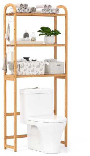 COSTWAY Meuble WC au-Dessus des Toilettes en Bambou, Étagère de Rangement de Salle de Bain à 3 Niveaux, 3 Crochets, Gain de Place pour Salle de Bain ou Buanderie, Naturel