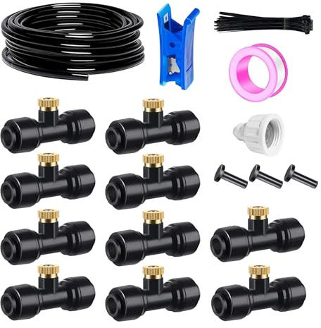 HUAZIZ Sistema di nebulizzazione per terrazza esterna, sistema di nebulizzazione per giardino, sistema di irrigazione, tubo di nebulizzazione da 15 m 6 mm + 10 pezzi di ugelli di nebulizzazione neri T