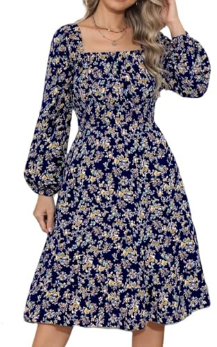 PICKLION Womens Dress Floral Ladies Dresses Long Sleeve A-Line Dress High Waist Casual Midi Dresses Navy Blue XL