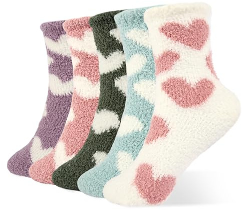 DELAESI Lot de 5 paires de chaussettes douillettes pour femme - Polaire corail - Chaussettes moelleuses - Élasticité chaude - Chaussettes de nuit pour femme - Chaussettes de maison pour l'hiver et