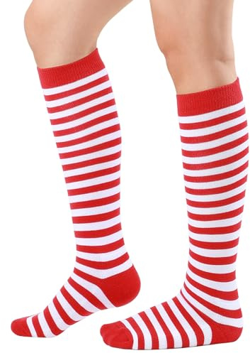 JasGood Damen Kniestrümpfe Lange Socken Gestreifte Atmungsaktive Strick Streifen Socken Unisex Baumwoll-Polyester Strümpfe für Alltag Halloween Karneval 1 Paar