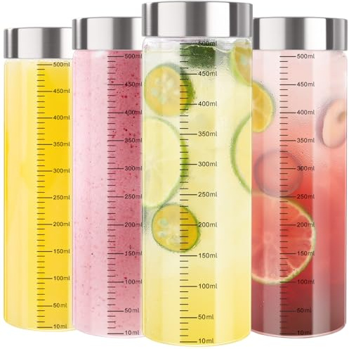 FoiiLiio 4pcs Botellas de Cristal para Zumo con Tapas,Botes Pequeños de Cristal de 500ml,botellas de jugo de vidrio de con tapas,Botellas de Vidrio Vacías para Jugo,Batidos,Smoothie