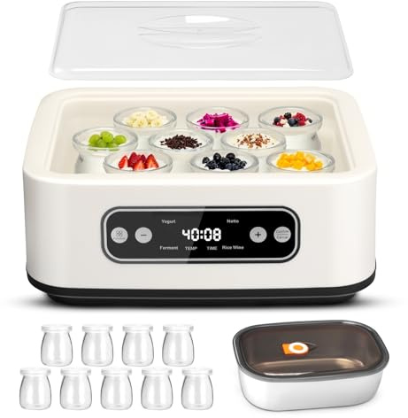 Electric Yoghurt Maker 1.6L, 304 Stainless Steel Inner Pot with 9 Glass Jars, Multifunctional for Natto/Fermentation, LED Display, Adjustable Temp Timer, One-Touch Operation for Family Homemade