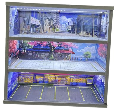 Hellery 1/64 Maßstab Modellauto Vitrine Parkplatz Szene, Garage Diorama, mit Licht Sammler Geschenk Ornament Miniatur Szene, Style F