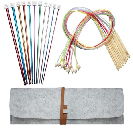 Asyduey Tunesisches Häkelnadel-Set mit Etui: 24-Teiliges Tunesisches Häkelnadel-Set Aus Bambus mit Kabel, Afghanische Häkelnadeln Aus Aluminium