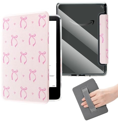 Pink Bows Clear Case Fits 6 Inch Kindle 11th Generation(2022/2024),6 Ultra Slim Book Cover with Hand Strap,Pink Protective Case Basic Kindle Accessories Auto Wake/Grip/Holder