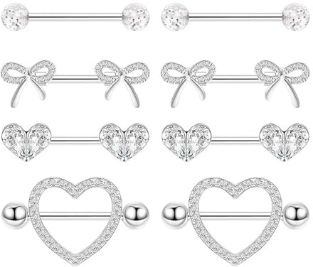XFSRG 4 Paar 14G Nippelpiercing Chirurgenstahl für Damen Body Piercing Stainless Steel Herz Nipple Barbell Süße Schleife Nippelpiercing Schmuck