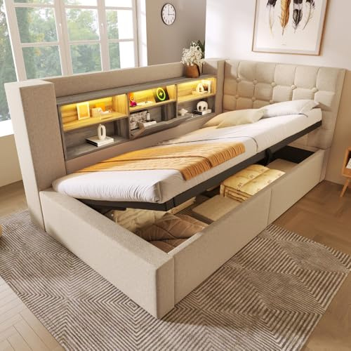 Cama individual con almacenamiento y recarga, cama acolchada en forma de L intercambiable 90 x 200 cm con LED, 2 niveles de compartimentos, cabecero cama individual con marco de listones, estructura
