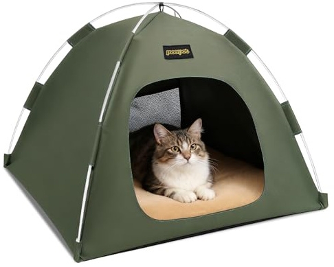PETCUTE Katzenzeltbett, Wasserdichtes Hundezelt,Atmungsaktives,Waschbares Hundehaus Für Drinnen Und Draußen,faltbar Katzenhaus mit Herausnehmbarem und Waschbarem Kissen,Grün,S