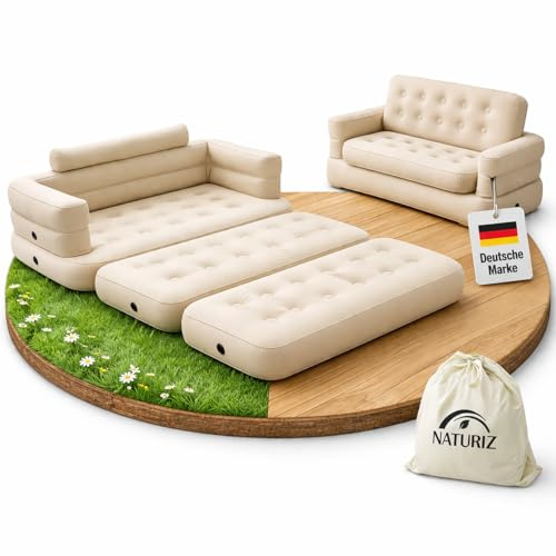 Naturiz® Pull Out Sofa 165x220cm - Camping Sofa mit Bettfunktion - Gästebett 2 Personen - Aufblasbares Sofa mit Tragetasche - kleines Mini Sofa, Mini Couch, Luftsofa (Beige, ohne Pumpe)