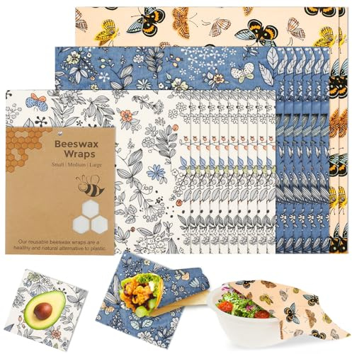 18 Pcs Reusable Beeswax Food Wraps Set Organic Cotton Bees Wax Wrappers for Food Storage Bees Wrap Paper for Sandwich, Cheese, Fruit, Bread Wrappers, Bowl Covers, Sizes S/M/L(Butterfly,18Pcs)