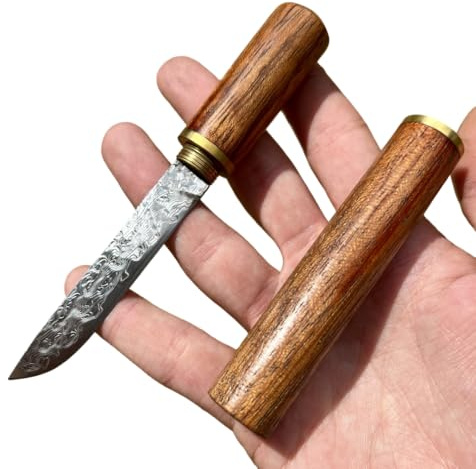 Obespina magnifique petit mini couteau acier damas lame fine tranchante manche bois visable collection edc poche bureau gentleman coupe papier custom luxe suminagashi 67 couches