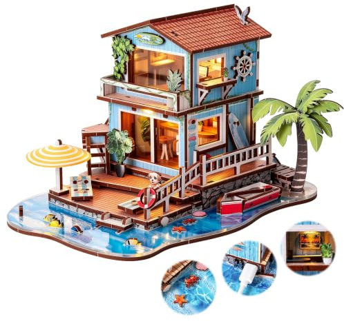 Puzzle 3D en bois pour adultes - Modèle de chalet en bord de mer - Kit de construction miniature avec lumières LED - Océan plage maison de vacances modèle rural artisanat décoration d'intérieur cadeau