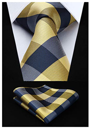 HISDERN Krawatten Herren Karierte Krawatte mit Einstecktuch Formelle Klassische Hochzeit Herrenkrawatte und Taschentuch Set für Männer Gelb und Blau
