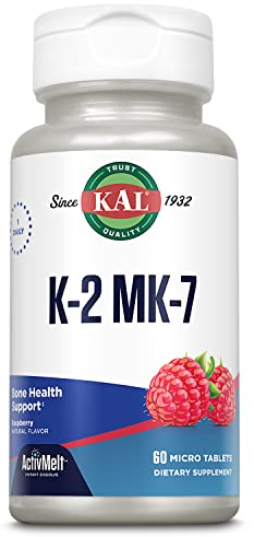 KAL Vitamin K2 MK7 ActivMelt 100 mcg, Vitamin K Supplement as Superior K2 MK7, Bone Health, Heart and Artery Health Support, Natural Raspberry Flavor, Vegan, Gluten Free, 60 Servings, 60 Micro Tablets