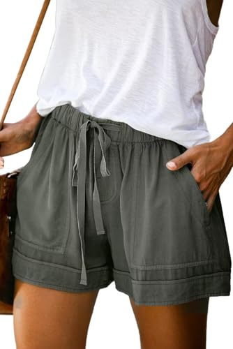 ANFTFH Shorts Damen Sommer Kurze Hose Einfarbig Strand Shorts Freizeitshorts Bermuda Shorts Mit Tunnelzug Graugrün XL