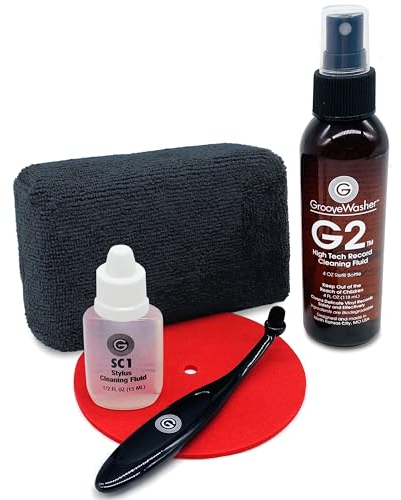 GrooveWasher Record & Stylus Care System – Large Scratch-Free Cleaning Pad with Delicate Stylus Brush & Cleaning Solution + Bonus Label Mask, Protect & Preserve Vinyl Records