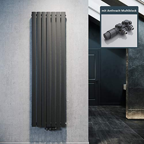 ELEGANT Design Heizkörper Flach 1800x539mm mit Anthrazit Multiblock Thermostat Flachheizkörper Anthrazit Einlagig Vertikal Heizkörper Mittelanschluss