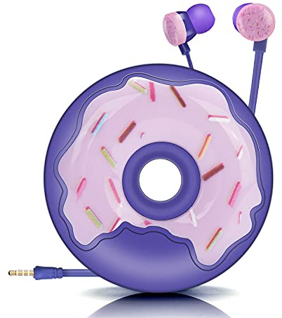 AnRuk Écouteurs filaires en forme de donut pour enfants, écouteurs intra-auriculaires avec microphone et joli étui de rangement pour écolières et garçons (violet)