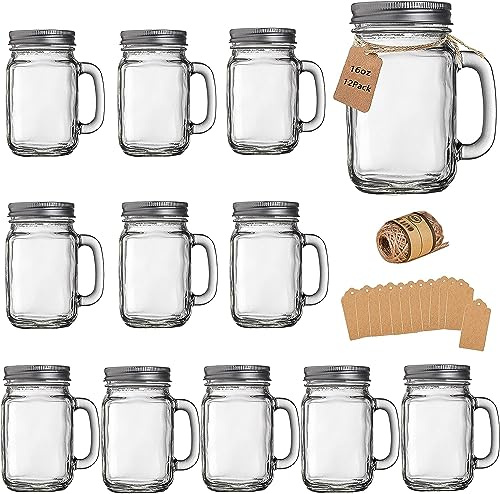 TANGLONG Mason Jar Cups, Mason Jars With Handle And Lids, Drinking Glasses Cups, Glass Mugs with Handles 16 oz –12 Pack