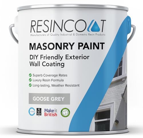 Resincoat Masonry Paint, Durable Exterior Paint for Walls & Outdoor Surfaces, Weather Resistant, Low VOC Single Pack Acrylic Resin Formula, Up to 50m2 Coverage, Smooth Matt Finish, Goose Grey, 5KG
