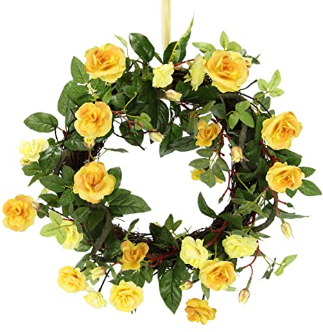 Flair Flower Kranz Rosen Rosenkranz Türkranz Wandkranz Blütenkranz Blumenkranz dekoriert Wanddeko Blüten Deko Künstliche Blume Haustür Geschenk Hochzeit Rosenblüten, Gelb, 8x32x32 cm, 088974G