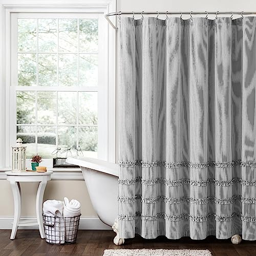 Lush Decor Vintage Stripe Yarn Dyed Cotton Shower Curtain, 72 x 72, Black