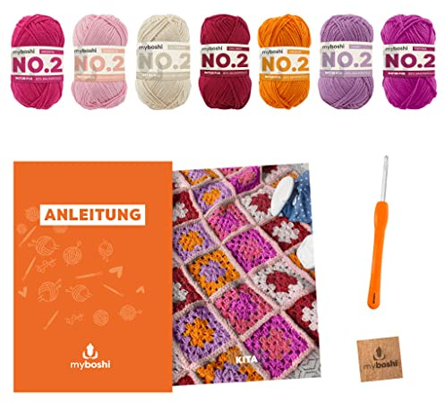 myboshi Häkelset Babydecke Kita, inkl. No.2 Wolle, Nadel und Anleitung, original Label, Häkelpaket, 85% Baumwolle, 15% Kapok Rosa, Pink, mit Häkelnadel