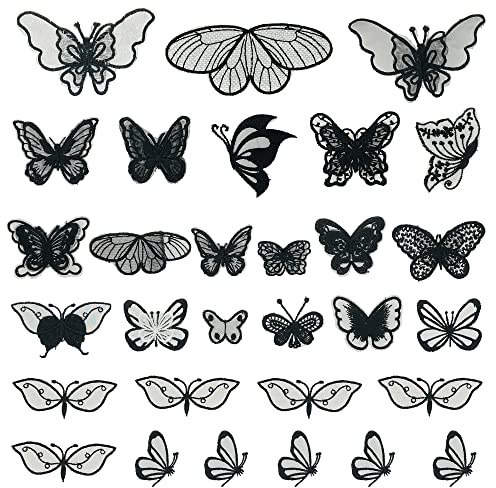 Yayatty 30 Stück Spitzenpatches, Schmetterling Stickpatches Organza Lace Appliques Nähen Sie Patches zum Reparieren und Dekorieren von Kleidung auf (Schwarz)