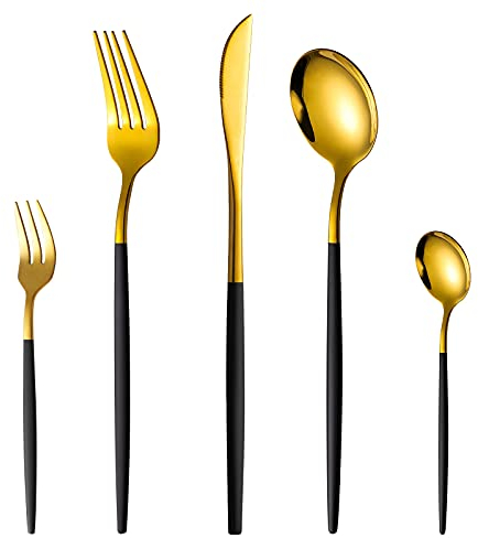 Besteck Schwarz Gold Set Für 12 personen,SANLI 60 Teilig Edelstahl Schwarzem Griff Messer Gabel Löffel Set,Spülmaschinenfest.