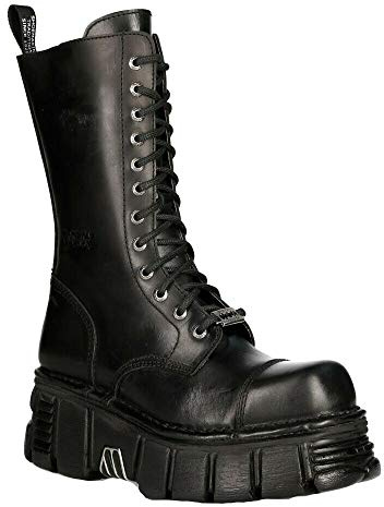Stivali Unisex New Rock M-MILI211C-C1 in 100% Vera Pelle Nera Techno Metallizzati con Lacci da Motociclista 3