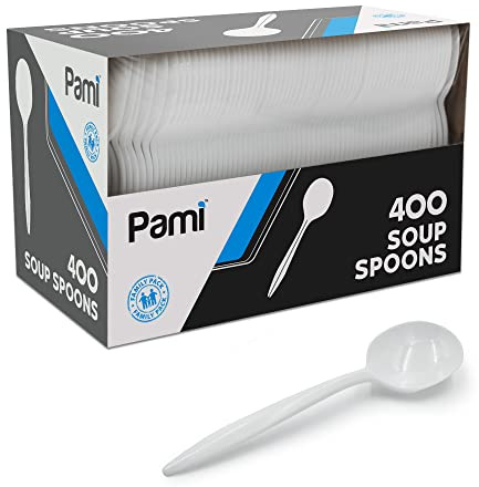 PAMI 400-Pack Medium-Weight Disposable Bulk Plastic Teaspoons for Parties, Weddings, Catering, Takeout & More (Soup Spoons White)