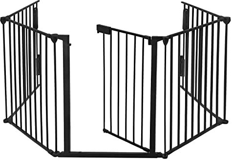 XMTECH kaminschutzgitter Baby aus 5 Elemente ca. 300cm, Metall kaminschutzgitter ohne bohren Kamin Schutzgitter für kaminofen Kinder Absperrgitter Ofenschutzgitter faltbar mit Tür - Schwarz 75 x 60 cm