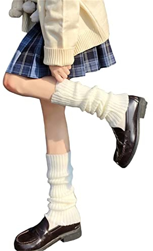 Fernvia Womens Lolita Knit Long Socks Leg Warmers Harajuku Japanese Kawaii Boot Socks Winter Ankle Heap Sock (B-White, One Size)