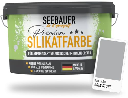 SEEBAUER diy Silikatfarbe Grau 10L für Innen (No. 220 Grey Stone) Atmungsaktive Mineralfarbe für Allergiker - Abwaschbare Wandfarbe - Grautöne hohe Deckkraft