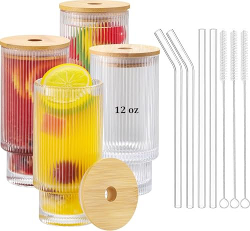 ASANMEYO Ribbed Drinking Glasses with Bamboo Lids and Straws, Ribbed Glass Cups Set of 4 12oz, Vintage Fluted Ribbed Glassware, Iced Coffee Cup for Cocktail, Beer, Juice, Milk, Decor, Gift