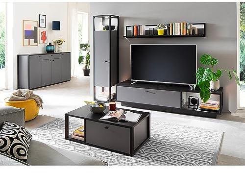 Lomadox Wohnzimmermöbel Set Wohnwand grau 5-teilig Modern mit anthrazit, 1 Sideboard, 1 Vitrine, 1 Lowboard, 1 Wandboard, 1 Couchtisch